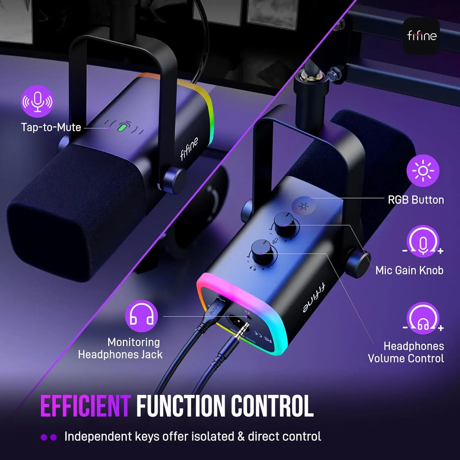 FIFINE XLR/USB Gaming Microphone Set, Dynamic PC Mic for Streaming Podcasting, Computer RGB Mic Kit with Boom Arm Stand, Mute Button, Headphones Jack, for Recording Vocal Voice-Over-AmpliGame AM8T image 8