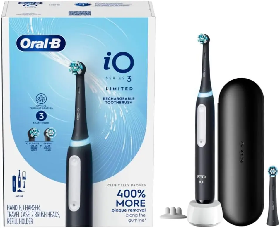 Oral-B iO Deep Clean Rechargeable Electric Powered Toothbrush, Black with iO Series 3 Limited, 2 Brush Heads and Travel Case - Pressure Sensor to Protect Gums - 3 Cleaning Settings - 2 Minute Timer image 9