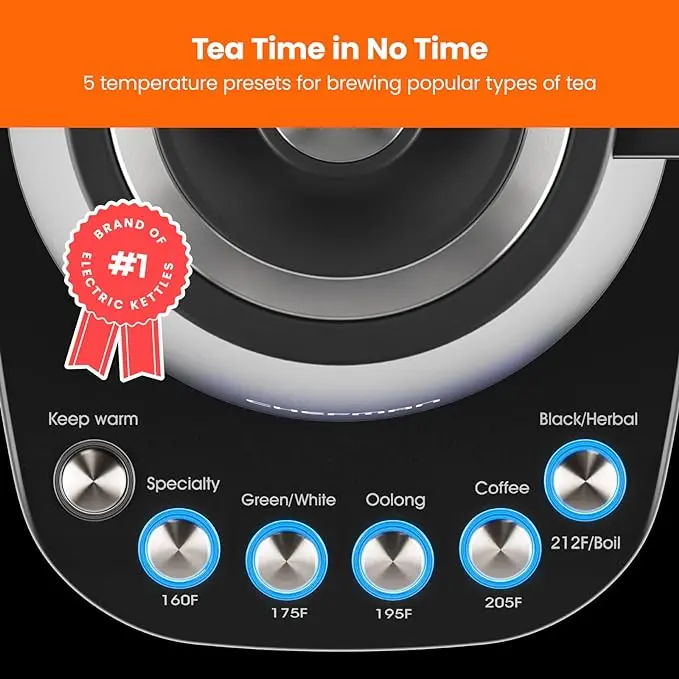 Chefman TrueTemp Precision Control Gooseneck Kettle, Internal Custom Temperature Control and 6 One-Touch Presets, Boil-Dry Protection Auto Shut-Off for Safety, For Pour Over Coffee and Tea, Black image 4