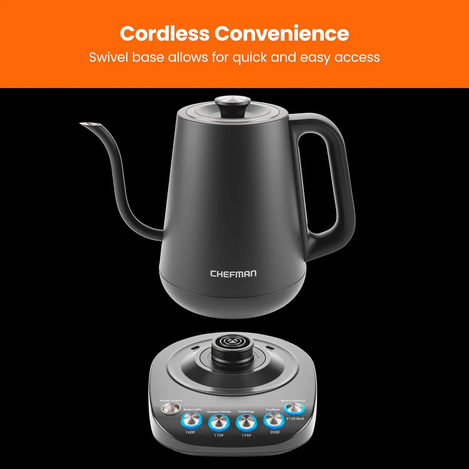 Chefman TrueTemp Precision Control Gooseneck Kettle, Internal Custom Temperature Control and 6 One-Touch Presets, Boil-Dry Protection Auto Shut-Off for Safety, For Pour Over Coffee and Tea, Black image 6