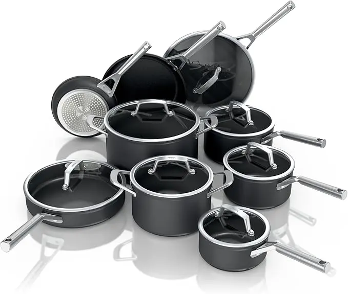 Ninja Cookware, Ninja NeverStick Professional, 16-Piece Pots and Pans Set, Non Stick Frying Pans, Kitchen Essentials, Stock Pot, Sauce Pan, Glass Lids, Saute Pan, All Stovetops, Black, C39900 image 1