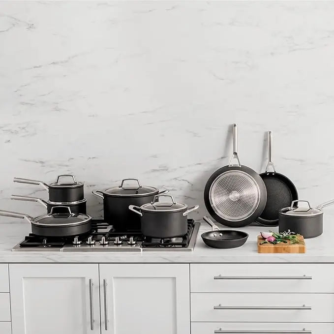Ninja Cookware, Ninja NeverStick Professional, 16-Piece Pots and Pans Set, Non Stick Frying Pans, Kitchen Essentials, Stock Pot, Sauce Pan, Glass Lids, Saute Pan, All Stovetops, Black, C39900 image 2