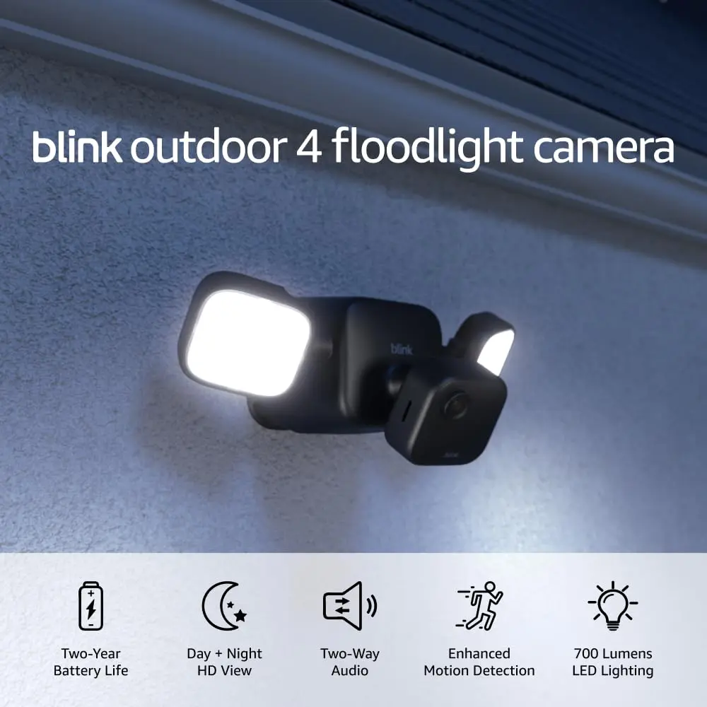 Blink Outdoor 4 Floodlight Camera (newest model), Wire-free smart security camera, 700 lumens, two-year battery life, HD live view, enhanced motion detection, Works with Alexa- 1 camera system image 2