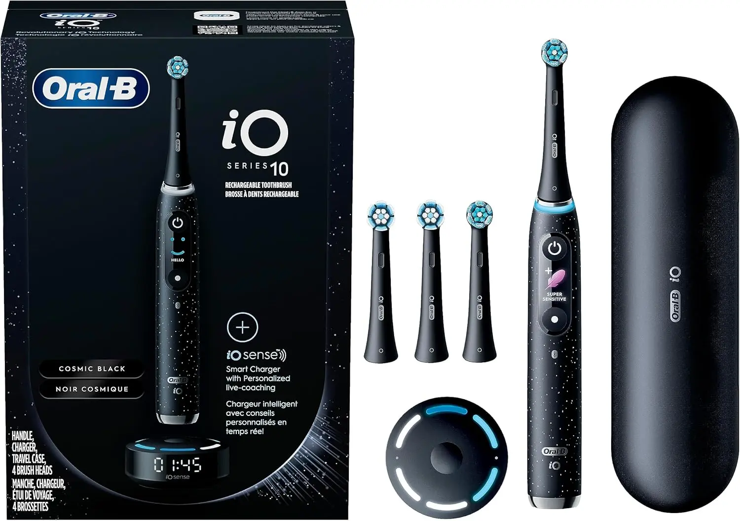 Oral-B iO Series 10 Rechargeable Electric Toothbrush with Visible Pressure Sensor to Protect Gums, 2 Min Timer, 7 Cleaning Settings, 4 Replacement Toothbrush Heads, and Charging Travel Case, Black image 2