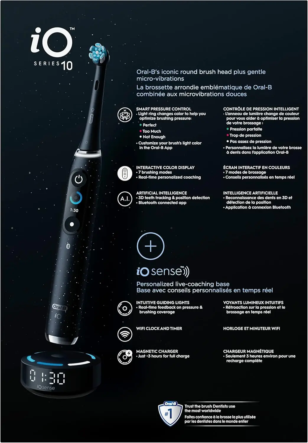 Oral-B iO Series 10 Rechargeable Electric Toothbrush with Visible Pressure Sensor to Protect Gums, 2 Min Timer, 7 Cleaning Settings, 4 Replacement Toothbrush Heads, and Charging Travel Case, Black image 3