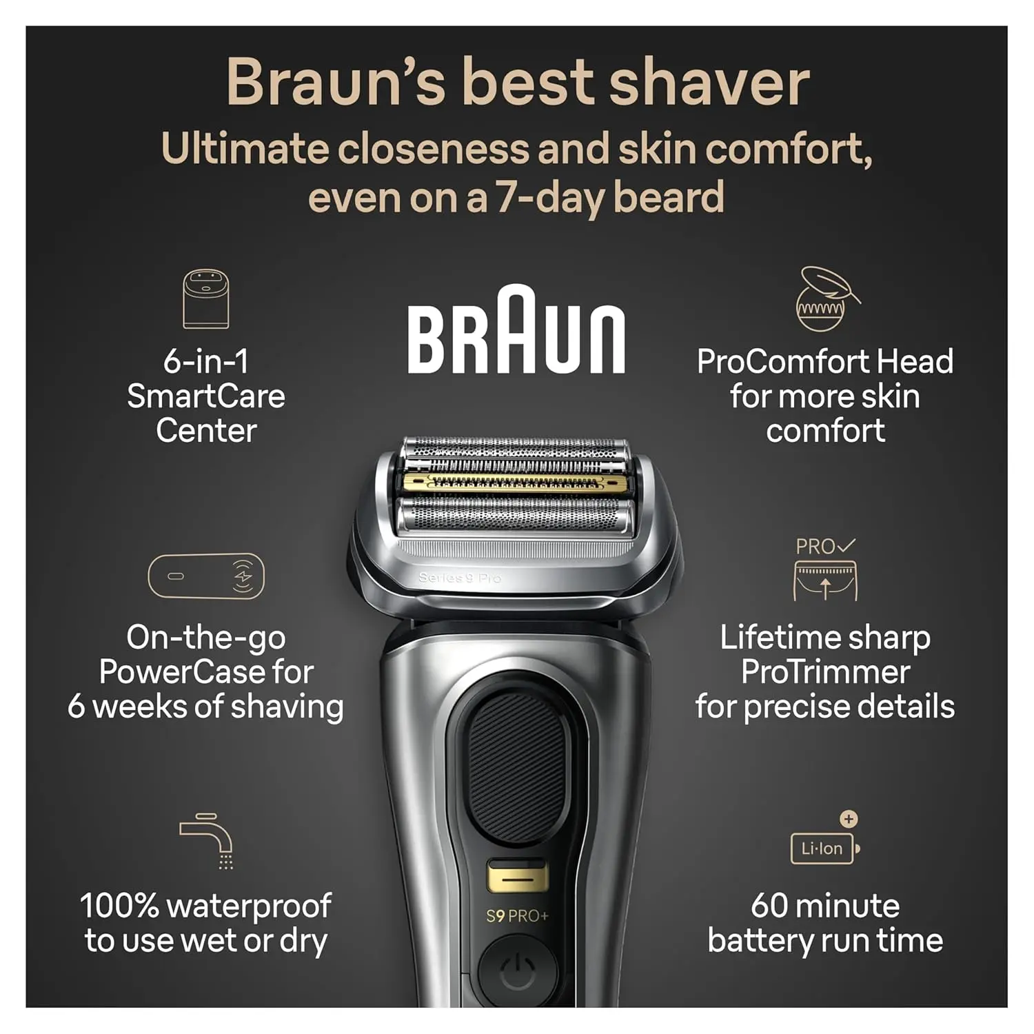 Braun Series 9 PRO+ Electric Shaver, Shaving Kit with 5 Pro Shave Elements and ProComfort Head, SmartCare Center image 3