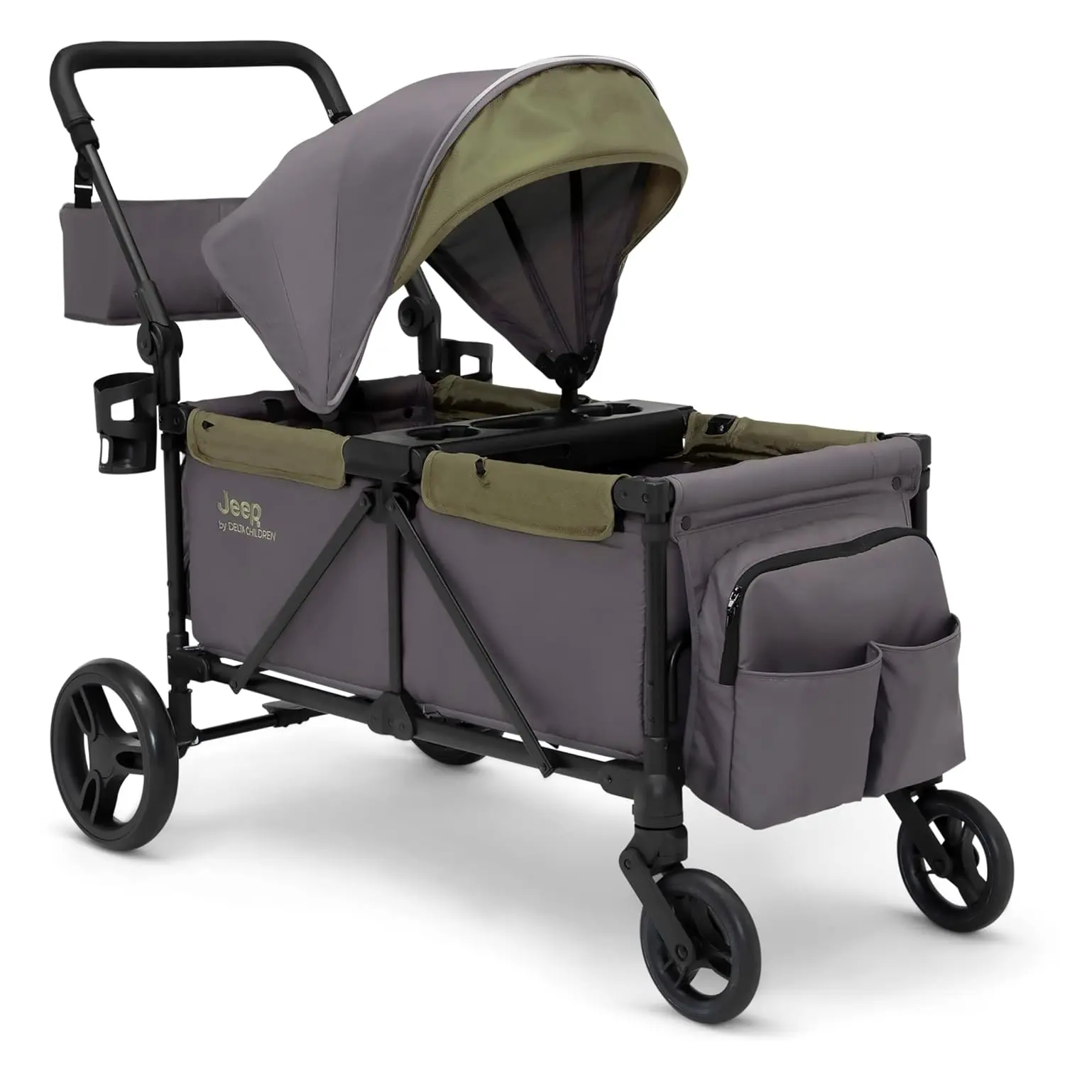 Jeep Sport All-Terrain Stroller Wagon by Delta Children - Includes Canopy, Parent Organizer, Adjustable Handlebar, Snack Tray & Cup Holders, Grey/Olive Green image 1
