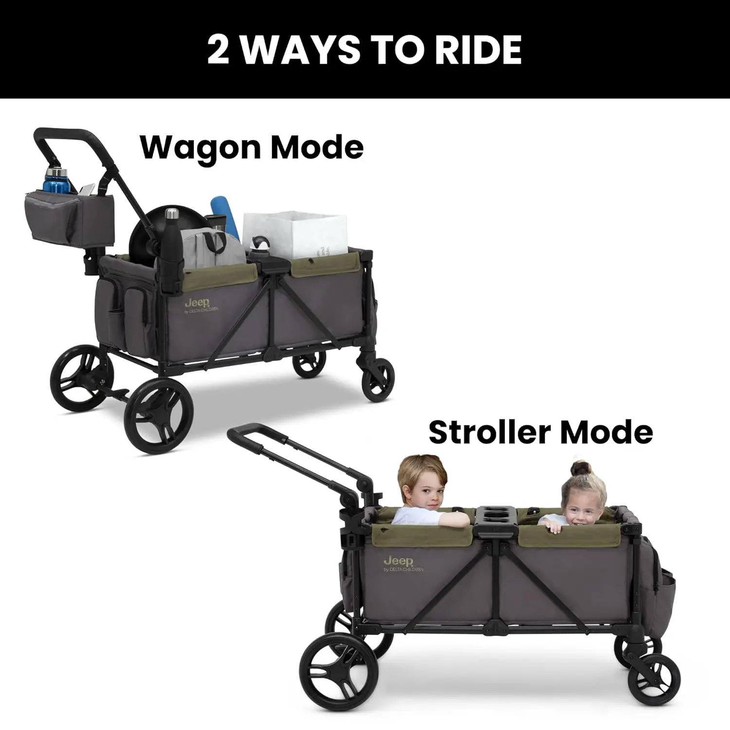 Jeep Sport All-Terrain Stroller Wagon by Delta Children - Includes Canopy, Parent Organizer, Adjustable Handlebar, Snack Tray & Cup Holders, Grey/Olive Green image 3