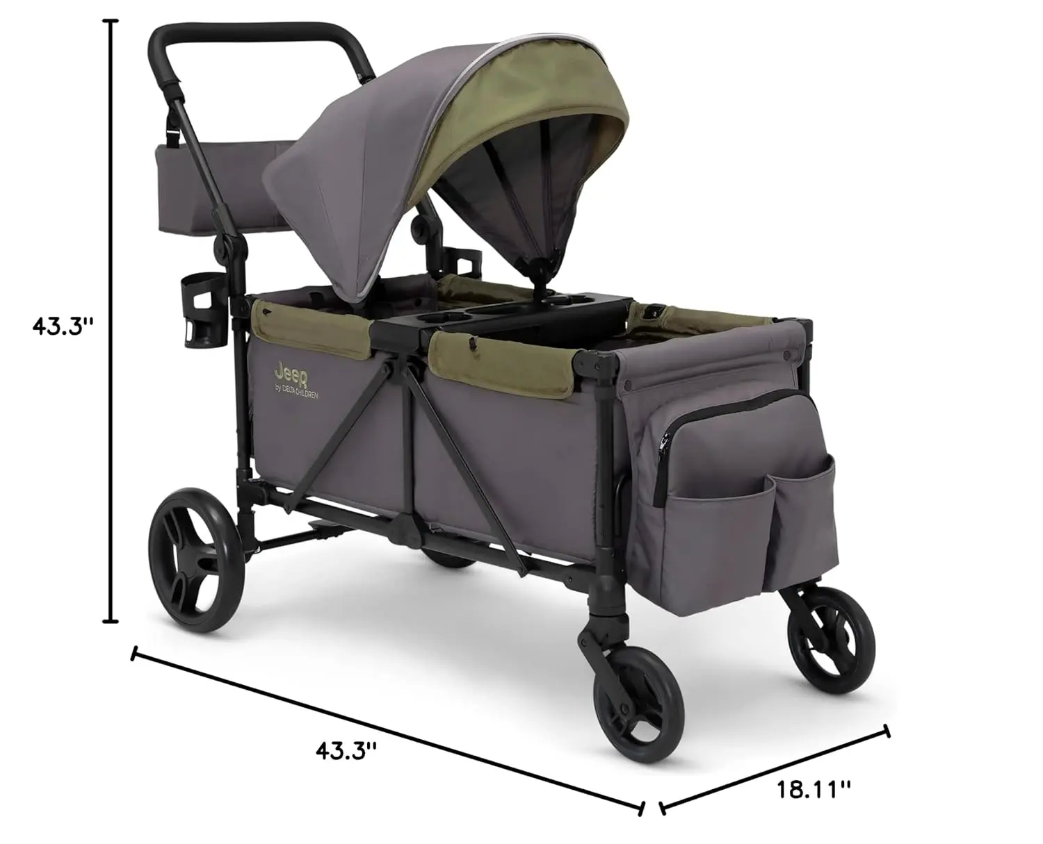 Jeep Sport All-Terrain Stroller Wagon by Delta Children - Includes Canopy, Parent Organizer, Adjustable Handlebar, Snack Tray & Cup Holders, Grey/Olive Green image 9