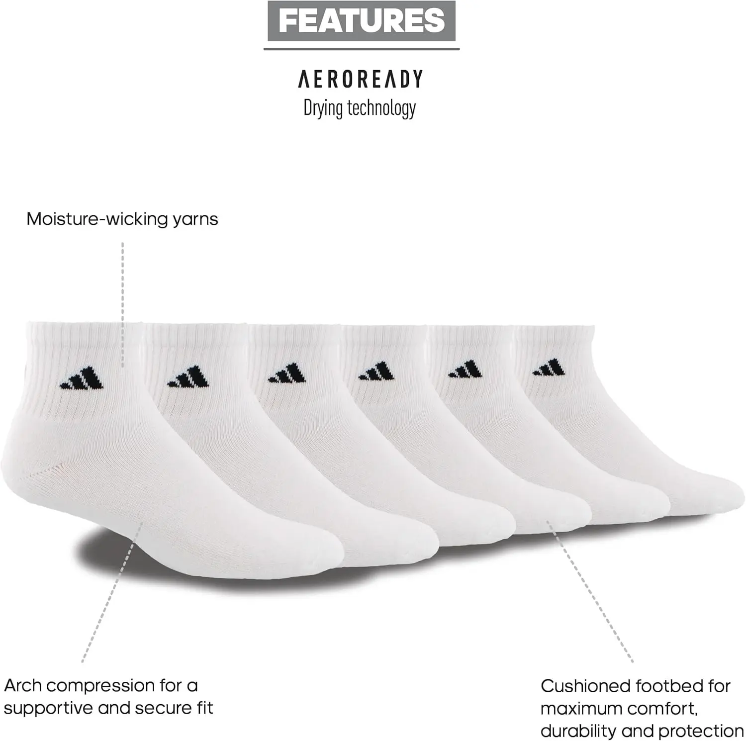 adidas Men's Socks, Athletic Cushioned Quarter 6-Pack, Ankle Fit with Arch Support image 2