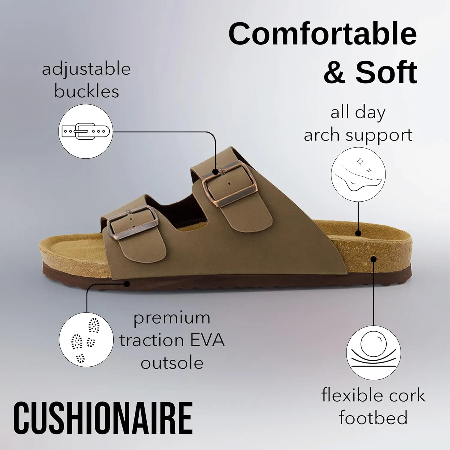 CUSHIONAIRE Lane Cork Footbed Mens Sandals, Adjustable Buckle Comfort Slides for Men, Genuine Leather Insole Summer Sandals Men Footwear image 4