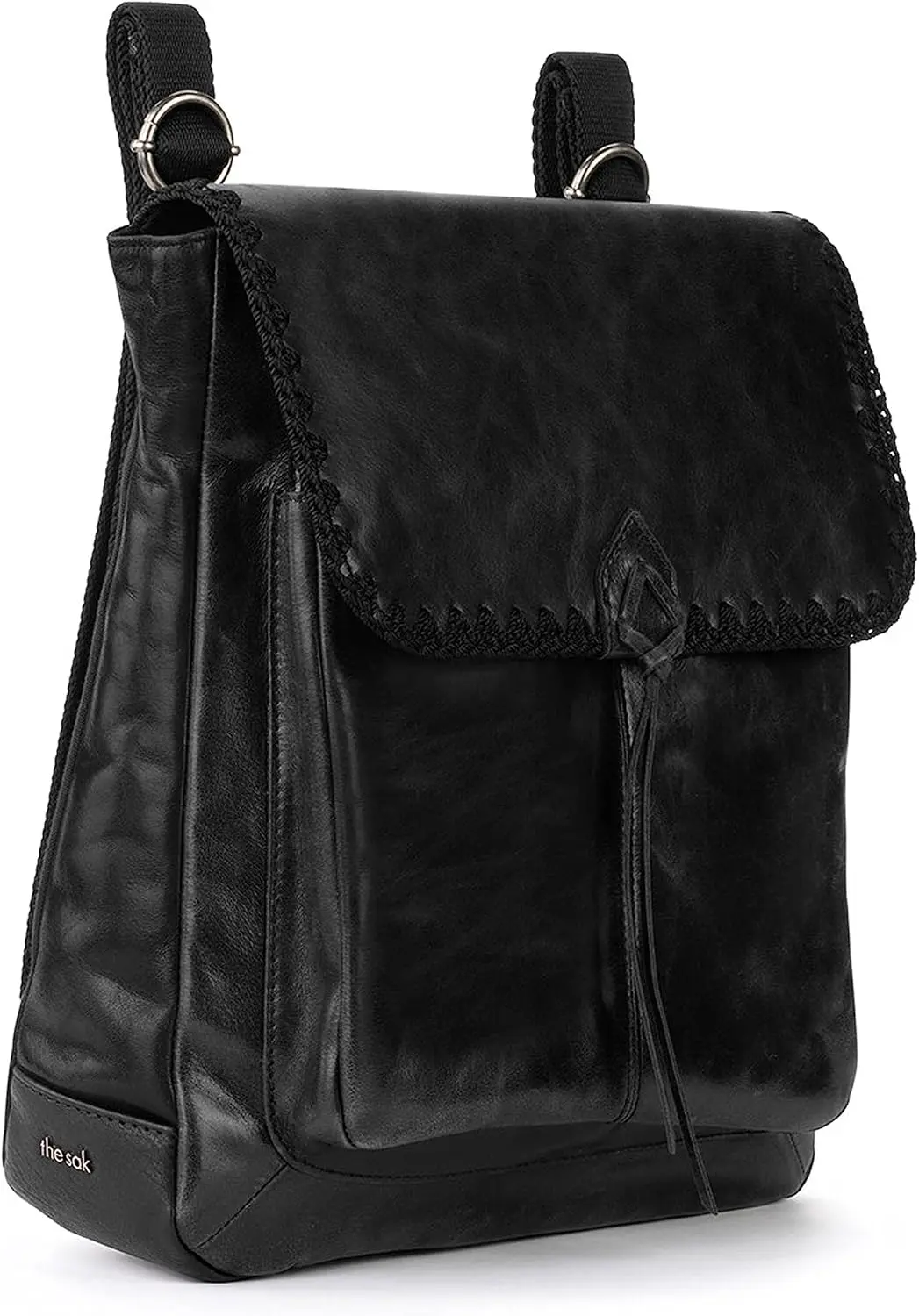 The Sak Ventura Backpack in Leather, Adjustable Convertible Strap, Black Crochet image 2