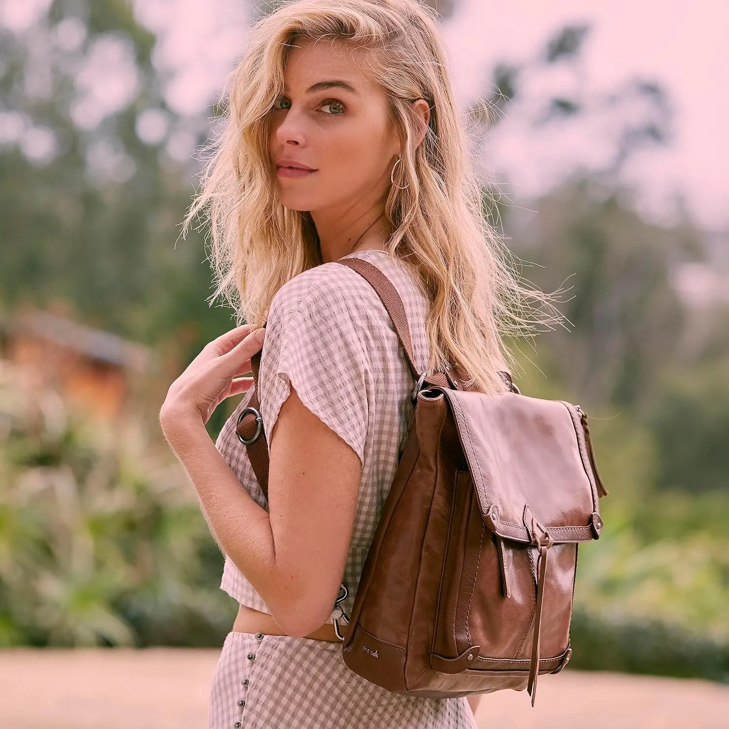 The Sak Ventura Backpack in Leather, Adjustable Convertible Strap, Black Crochet image 6