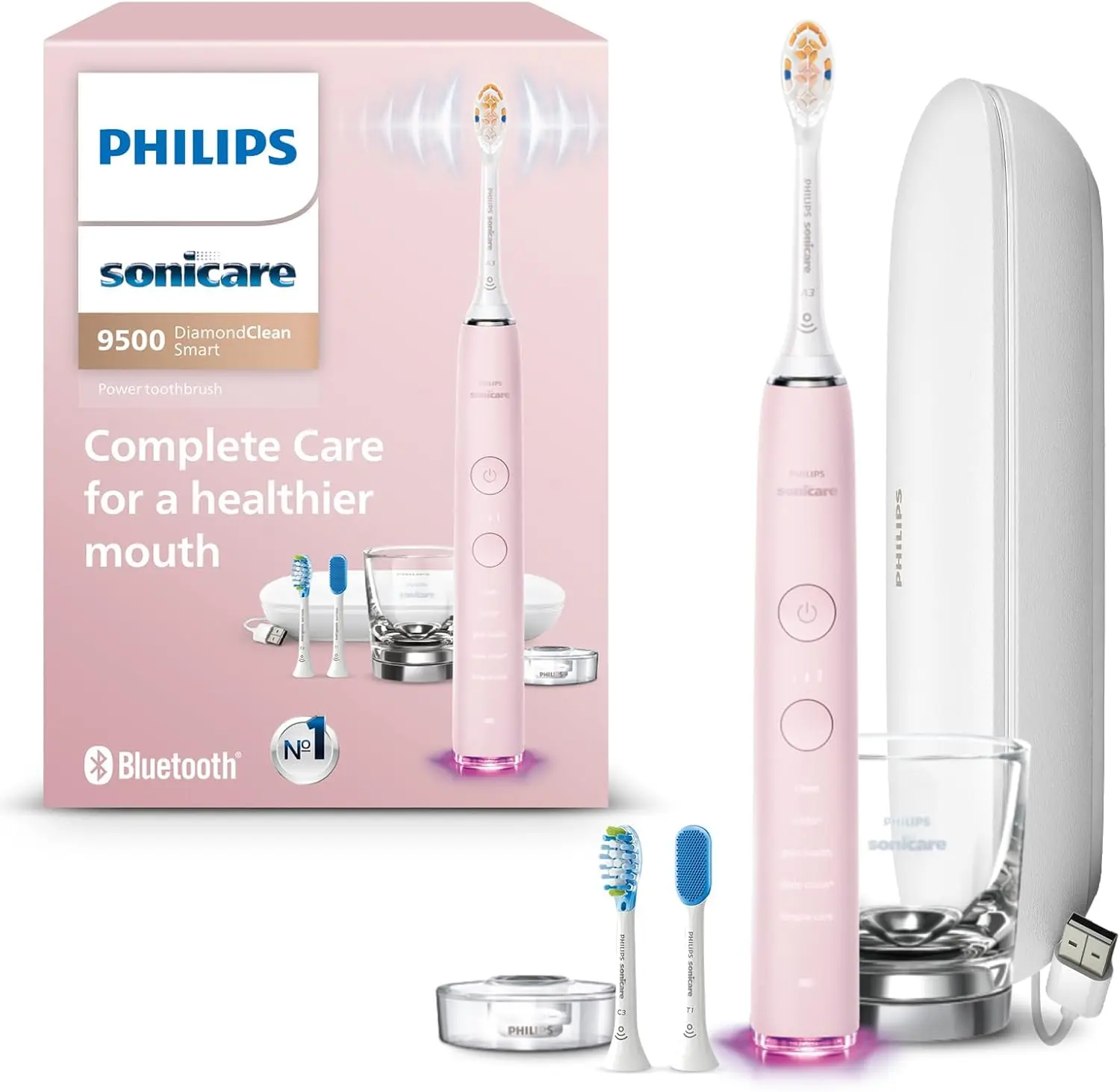 Philips Sonicare DiamondClean Smart 9500 Electric Toothbrush, Sonic Toothbrush with App, Pressure Sensor, Brush Head Detection, 5 Brushing Modes and 3 Intensity Levels, Pink, Model HX9923/21 image 1