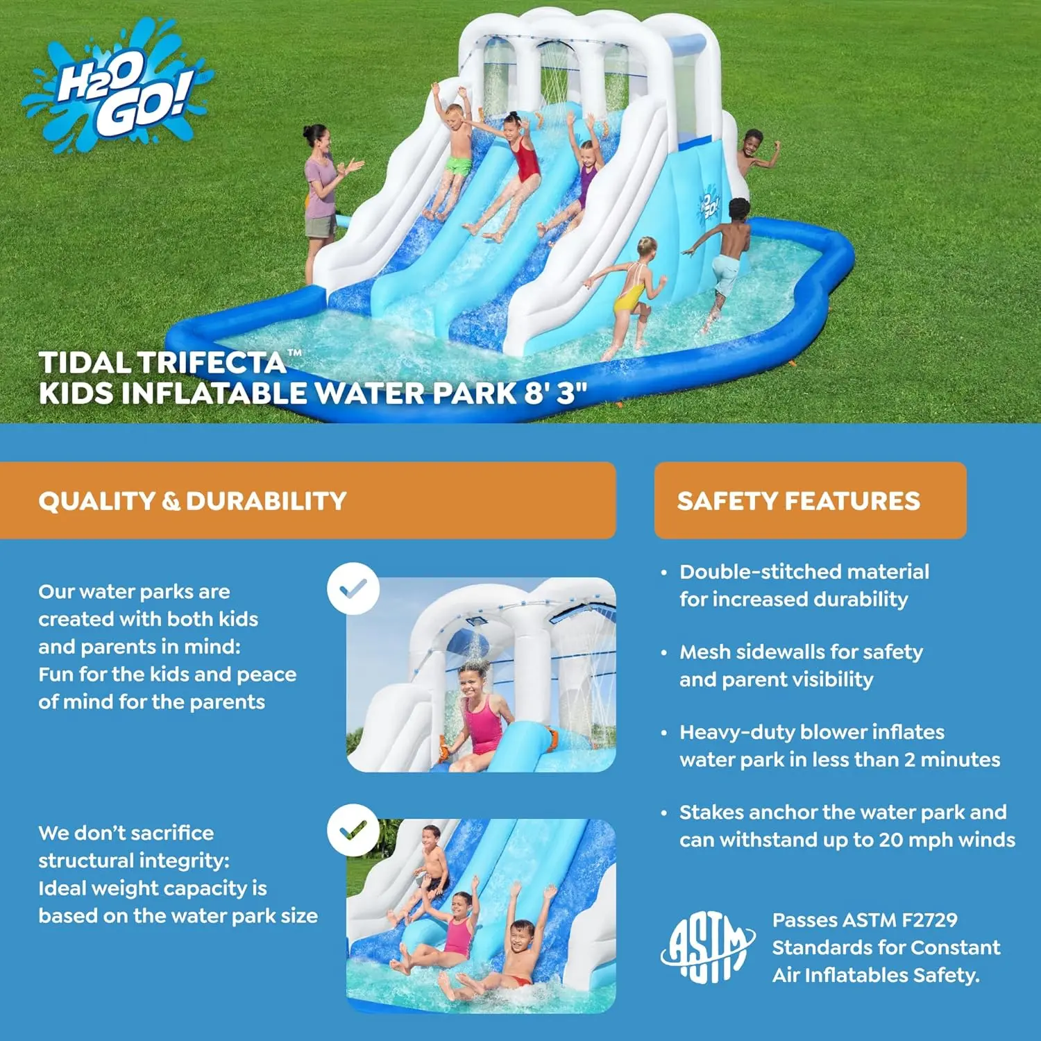 Bestway H2OGO! Tidal Trifecta Kids Inflatable Water Park | Inflatable Triple Slide and Splash Pool | Great for Kids Ages 5 and Up image 3