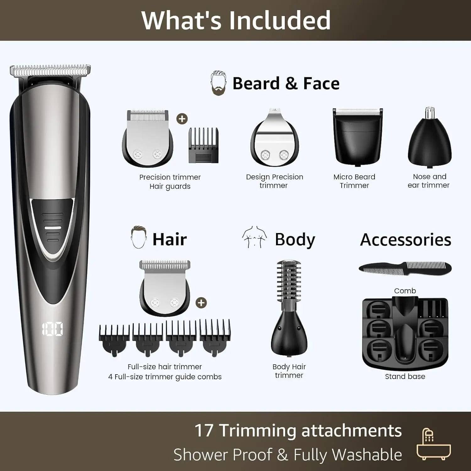 Electric Beard Trimmer for Men: 16-in-1 Professional Barber Hair Clippers - Cordless Grooming Kit - Turbo Speed & Precision Blades image 6
