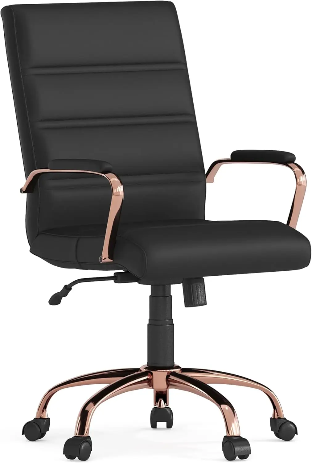 Flash Furniture Whitney Mid-Back Swivel LeatherSoft Desk Chair with Padded Seat and Armrests, Adjustable Height Padded LeatherSoft Office Chair, Black/Rose Gold image 1