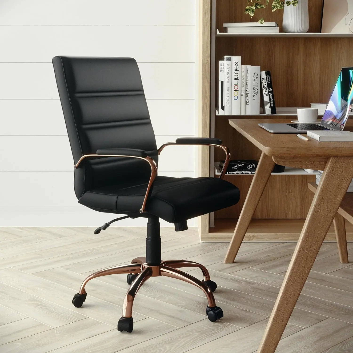 Flash Furniture Whitney Mid-Back Swivel LeatherSoft Desk Chair with Padded Seat and Armrests, Adjustable Height Padded LeatherSoft Office Chair, Black/Rose Gold image 2