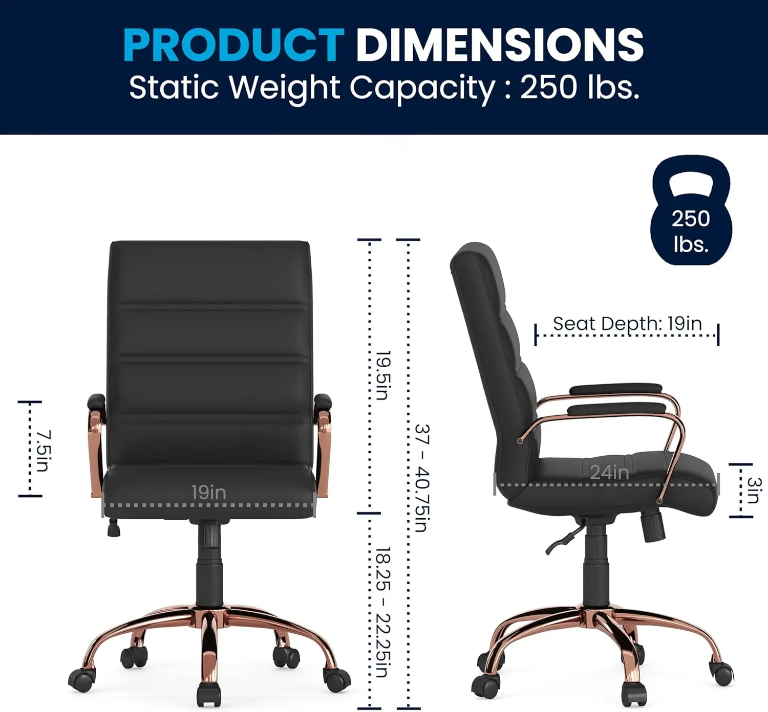 Flash Furniture Whitney Mid-Back Swivel LeatherSoft Desk Chair with Padded Seat and Armrests, Adjustable Height Padded LeatherSoft Office Chair, Black/Rose Gold image 3