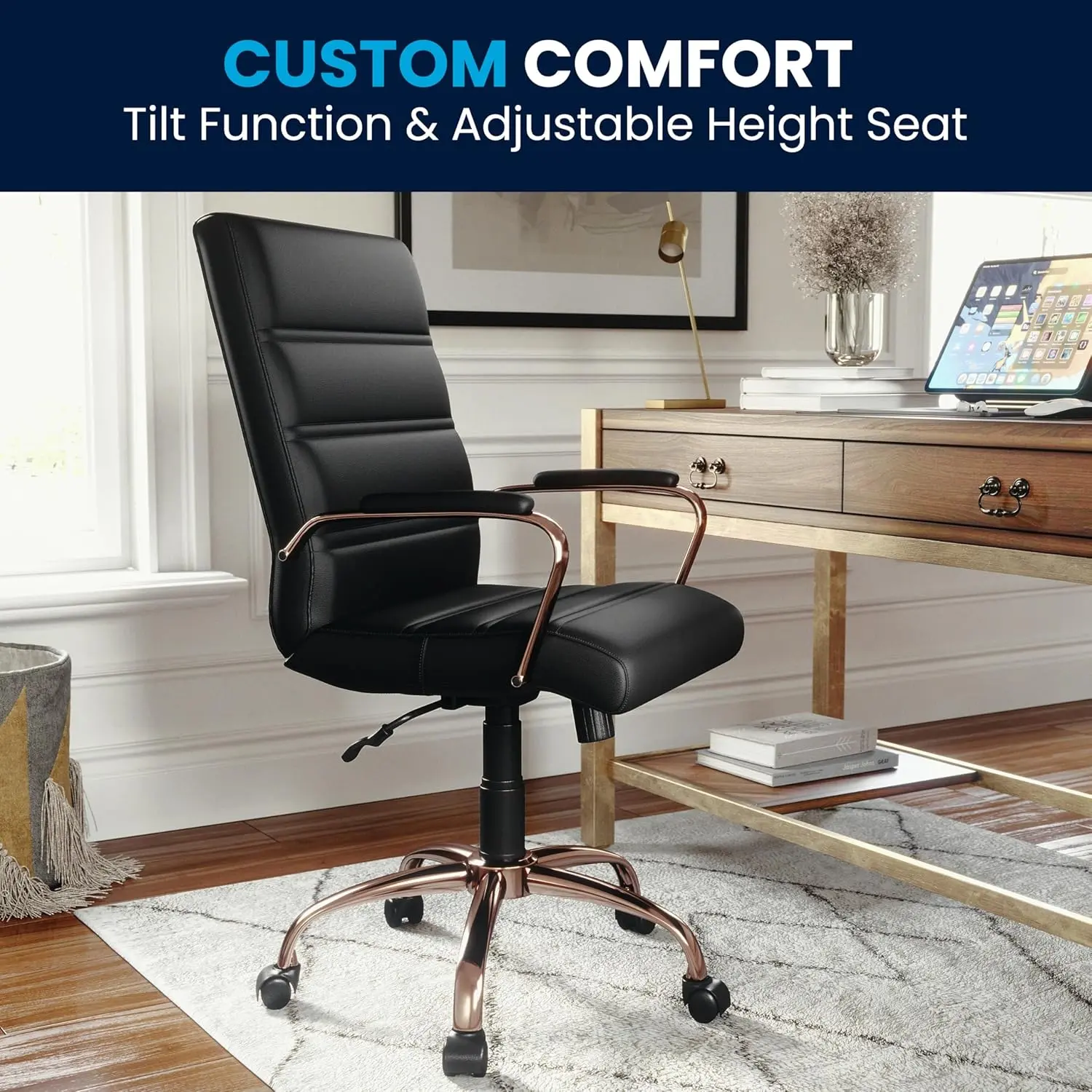 Flash Furniture Whitney Mid-Back Swivel LeatherSoft Desk Chair with Padded Seat and Armrests, Adjustable Height Padded LeatherSoft Office Chair, Black/Rose Gold image 8