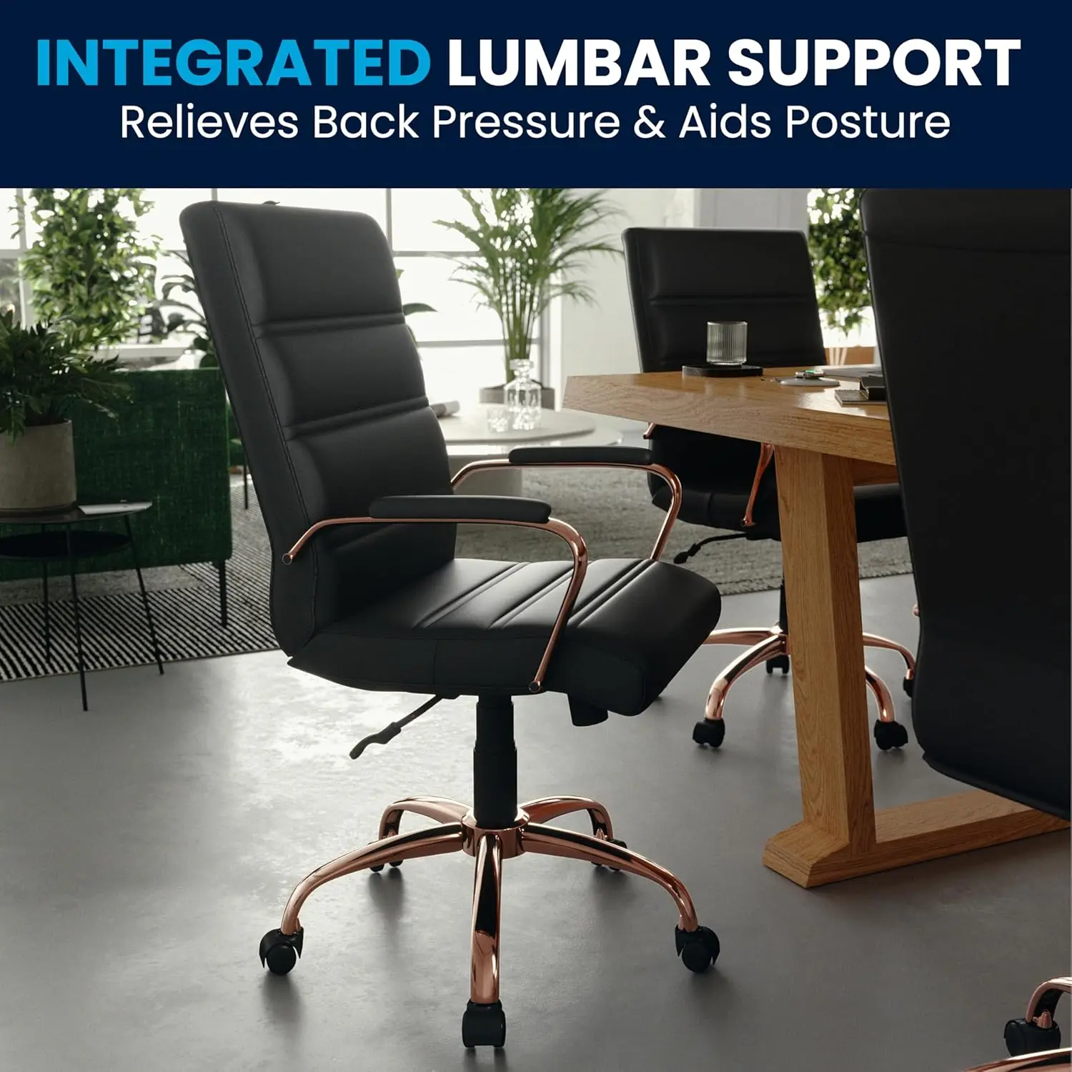 Flash Furniture Whitney Mid-Back Swivel LeatherSoft Desk Chair with Padded Seat and Armrests, Adjustable Height Padded LeatherSoft Office Chair, Black/Rose Gold image 9