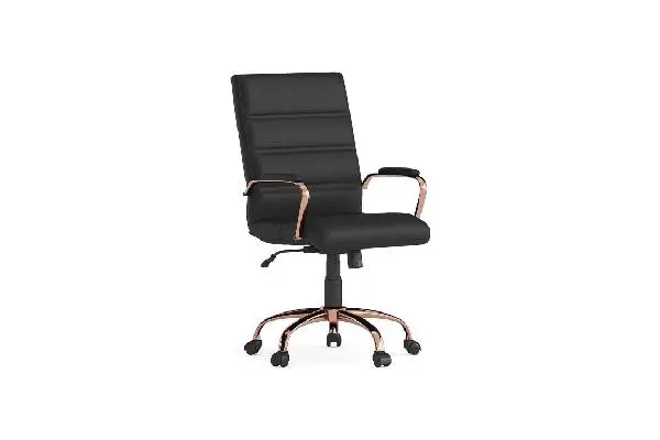 Flash Furniture Whitney Mid-Back Swivel LeatherSoft Desk Chair with Padded Seat and Armrests, Adjustable Height Padded LeatherSoft Office Chair, Black/Rose Gold image