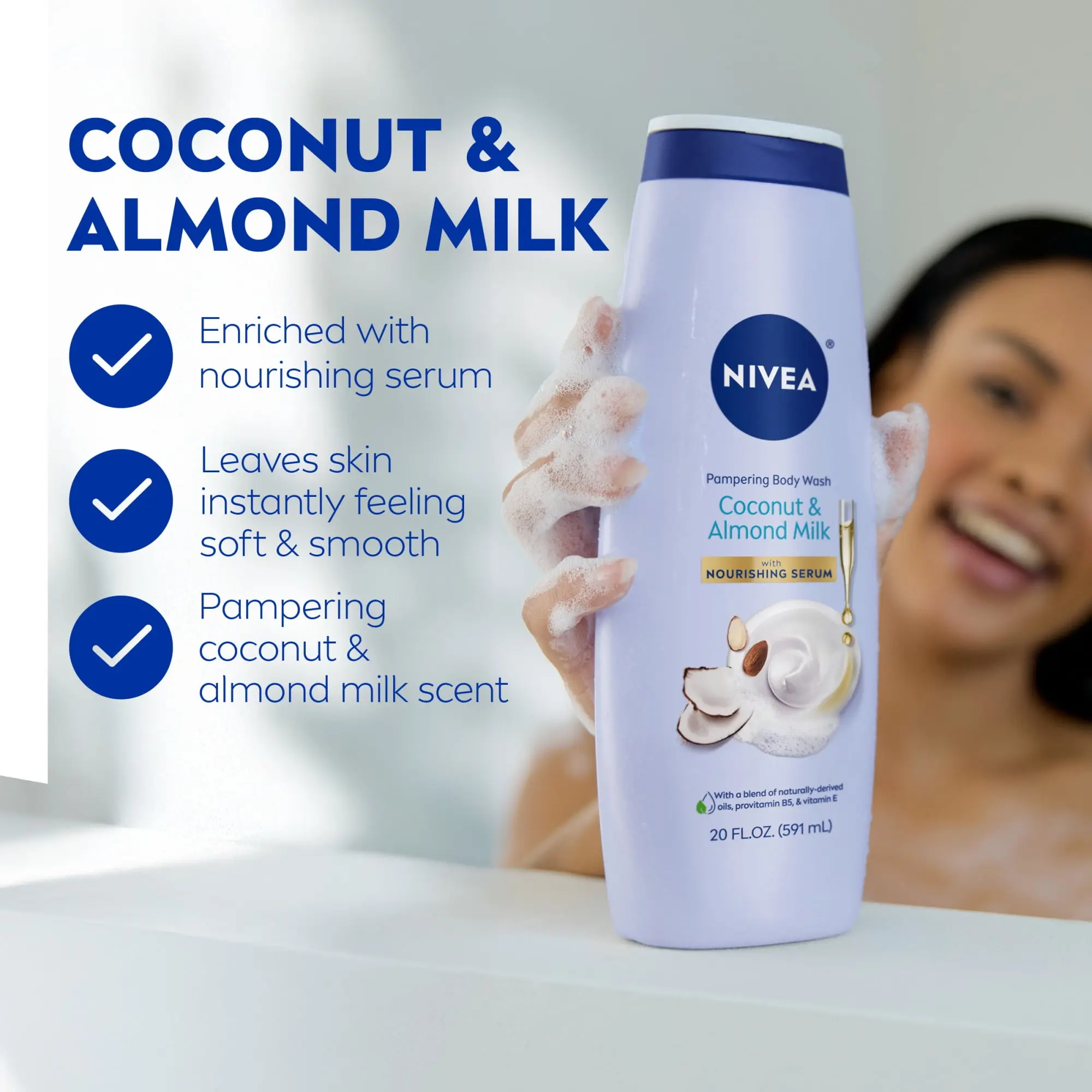 NIVEA Pampering Body Wash for Women, Coconut and Almond Milk, Nourishing Serum, 20 fl oz image 3