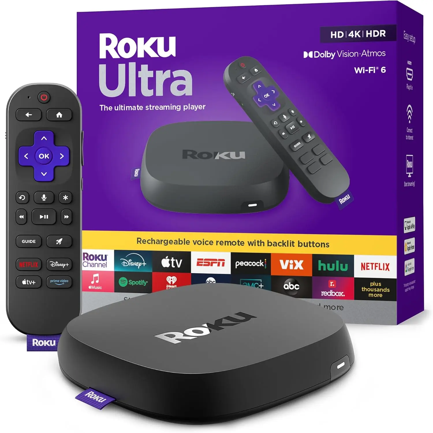 Roku Ultra - Ultimate Streaming Player - 4K Streaming Device for TV with HDR10+, Dolby Vision & Atmos - Bluetooth & Wi-Fi 6- Rechargeable Voice Remote Pro with Backlit Buttons - Free & Live TV image 1