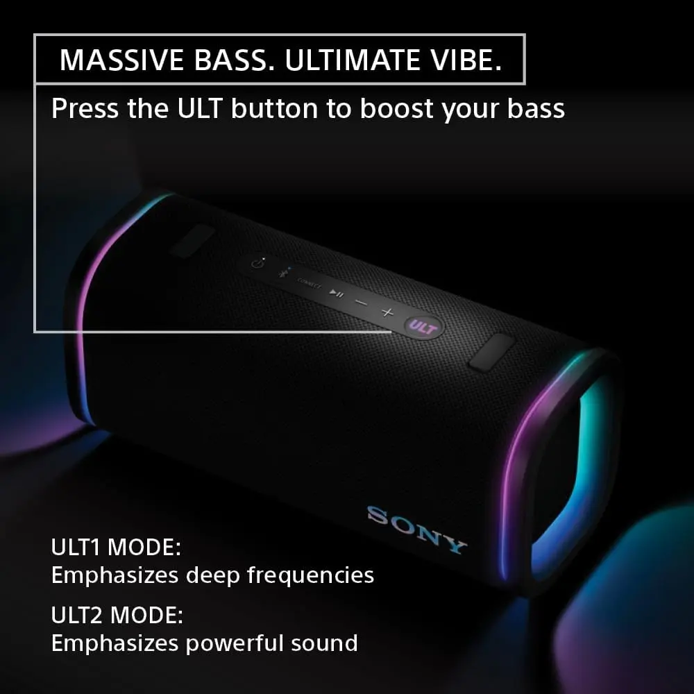 Sony ULT Field 5 Wireless Portable Bluetooth Speaker, IP67 Waterproof, Dustproof, and Rustproof with Enhanced Bass, 25 Hour Battery, 360° Party Light, and Shoulder Strap (SRSULT50B), Black image 3