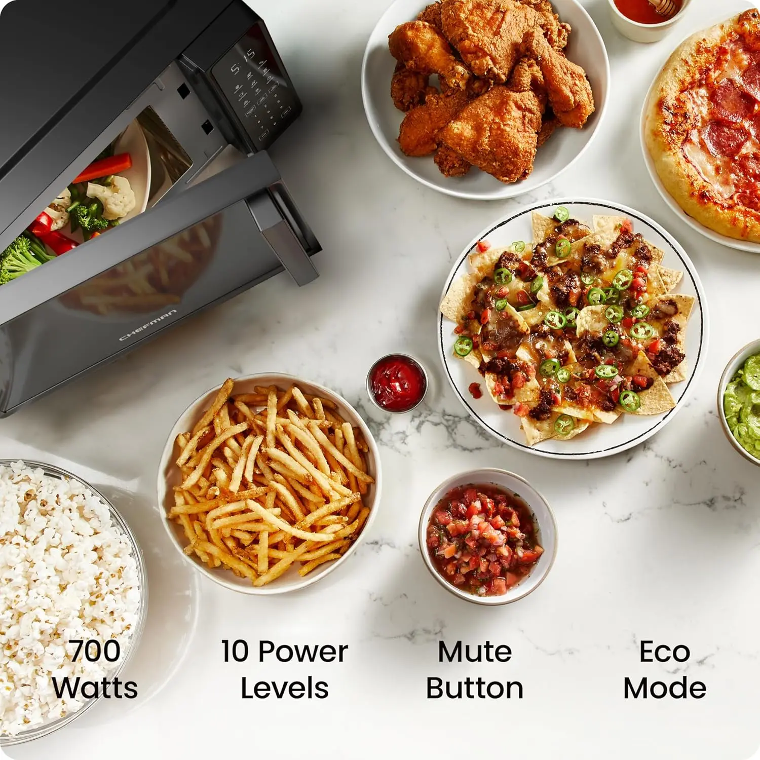 Chefman Countertop Microwave Oven 0.7 Cu. Ft., 700 Watts with 10 Power Levels, 6 Cooking Presets with One-Touch Express Cook, Eco Mode, Child Safety Lock, & Mute Button - Black image 2
