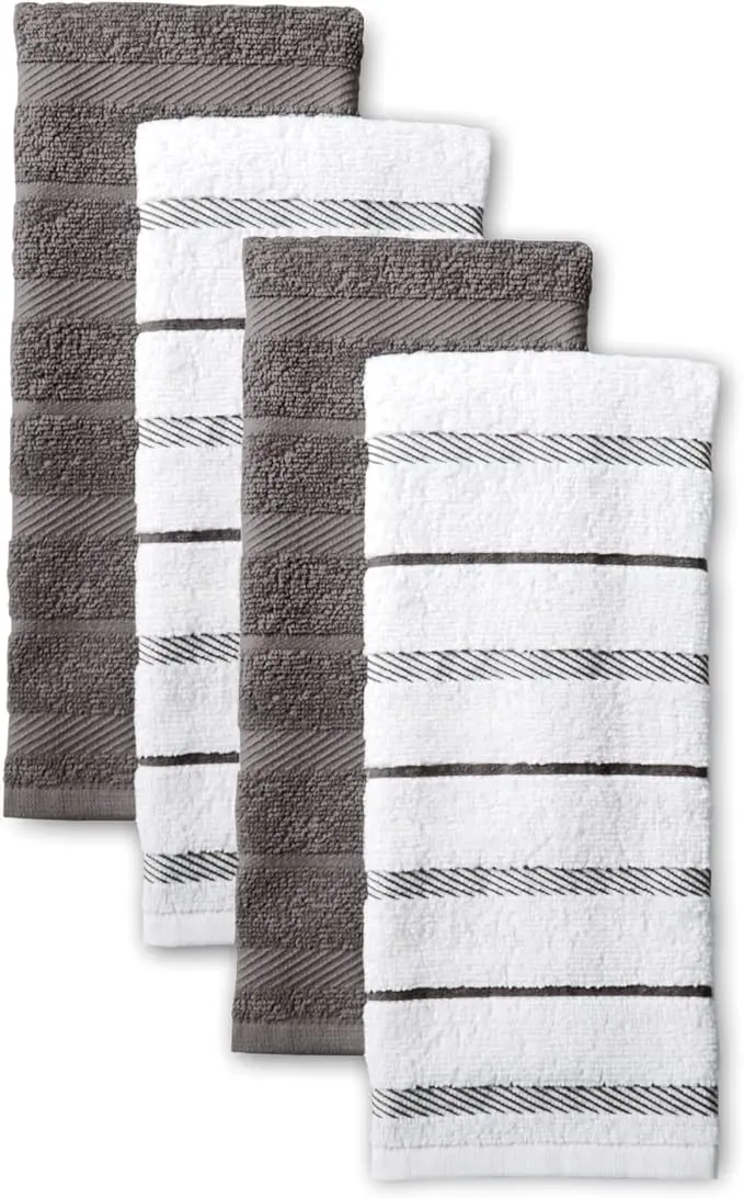 KitchenAid Albany Kitchen Towel 4-Pack Set, Charcoal Grey/White, 16"x26" image 1