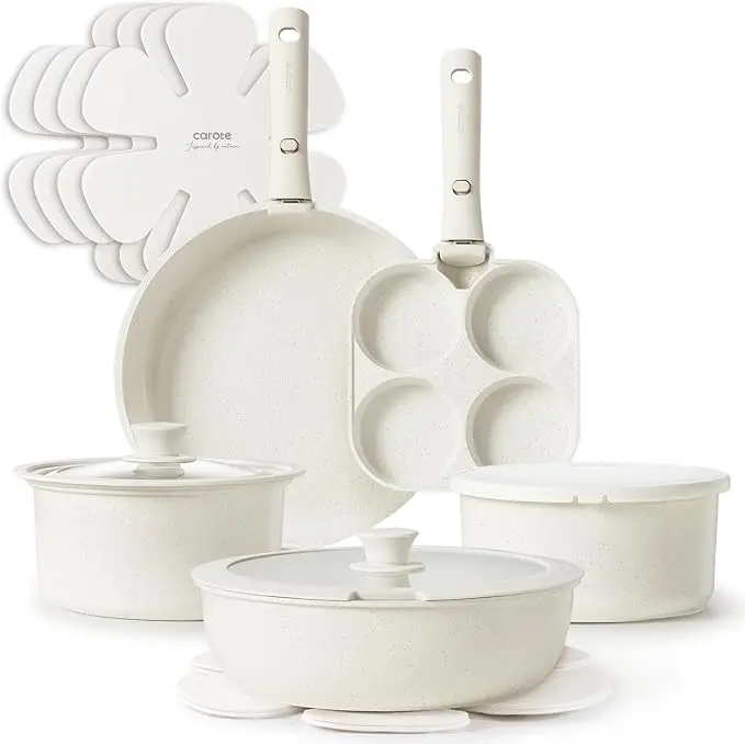 CAROTE 14pcs Pots and Pans Set Non Stick, Cookware Sets, Kitchen Set, Oven/Dishwasher/Fridge Safe, Space Saving Pots Set, Nonstick Set with Versatile Detachable Handle, Induction RV Set, Cream image 1