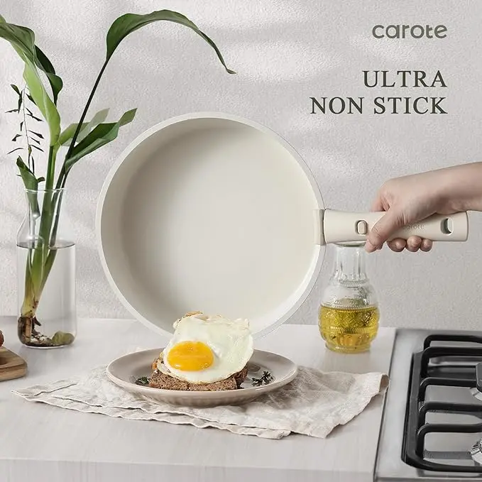 CAROTE 14pcs Pots and Pans Set Non Stick, Cookware Sets, Kitchen Set, Oven/Dishwasher/Fridge Safe, Space Saving Pots Set, Nonstick Set with Versatile Detachable Handle, Induction RV Set, Cream image 2
