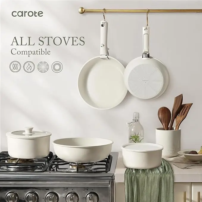 CAROTE 14pcs Pots and Pans Set Non Stick, Cookware Sets, Kitchen Set, Oven/Dishwasher/Fridge Safe, Space Saving Pots Set, Nonstick Set with Versatile Detachable Handle, Induction RV Set, Cream image 3
