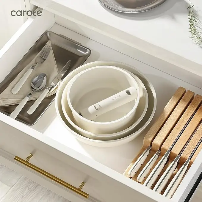 CAROTE 14pcs Pots and Pans Set Non Stick, Cookware Sets, Kitchen Set, Oven/Dishwasher/Fridge Safe, Space Saving Pots Set, Nonstick Set with Versatile Detachable Handle, Induction RV Set, Cream image 5