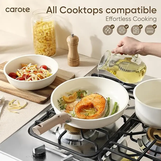 CAROTE 18pcs Ceramic Cookware Set, Pots and Pans Set, Induction Nonstick Kitchen Cookware Sets, Non Stick RV Set with Detachable Handle, Dishwasher/Oven Safe, Brown image 4