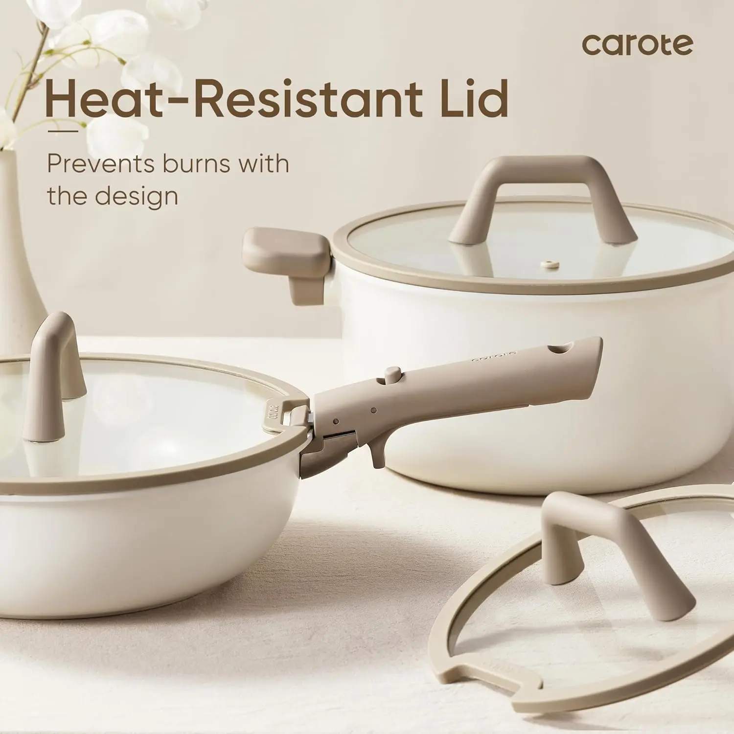 CAROTE 18pcs Ceramic Cookware Set, Pots and Pans Set, Induction Nonstick Kitchen Cookware Sets, Non Stick RV Set with Detachable Handle, Dishwasher/Oven Safe, Brown image 8