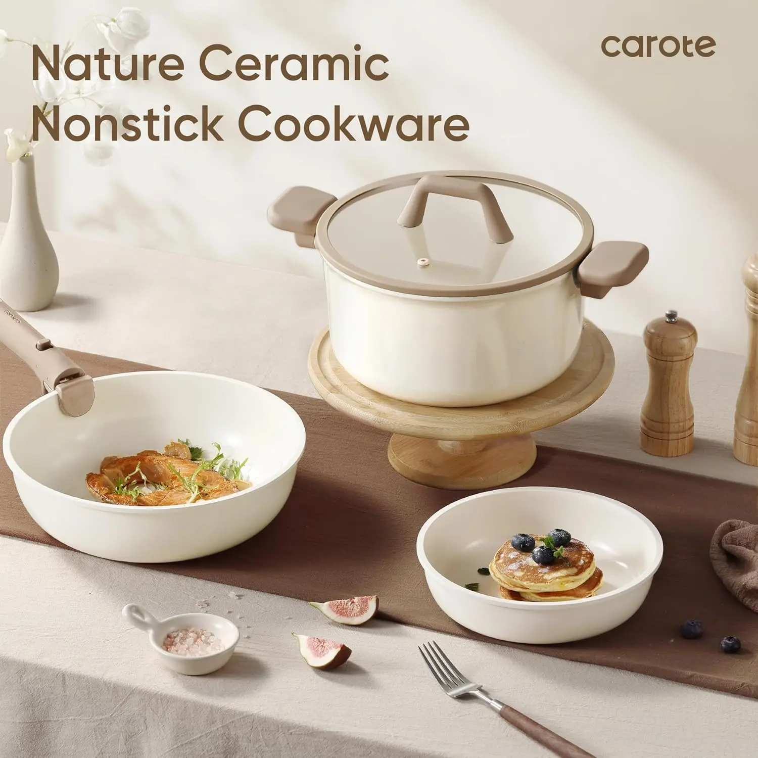 CAROTE 18pcs Ceramic Cookware Set, Pots and Pans Set, Induction Nonstick Kitchen Cookware Sets, Non Stick RV Set with Detachable Handle, Dishwasher/Oven Safe, Brown image 9