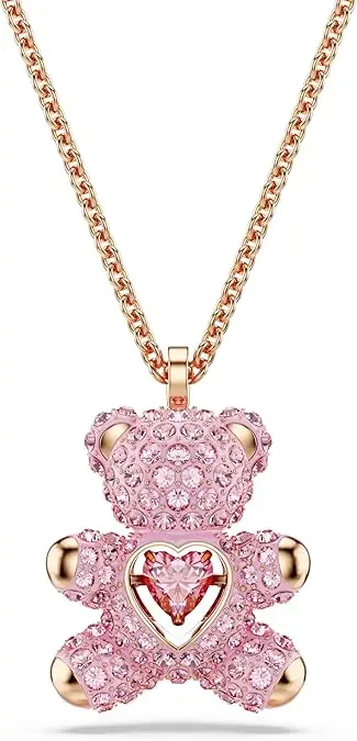 Swarovski Teddy Bear Pendant Necklace, Pink Crystals, Rose Gold-Tone Finish image 1