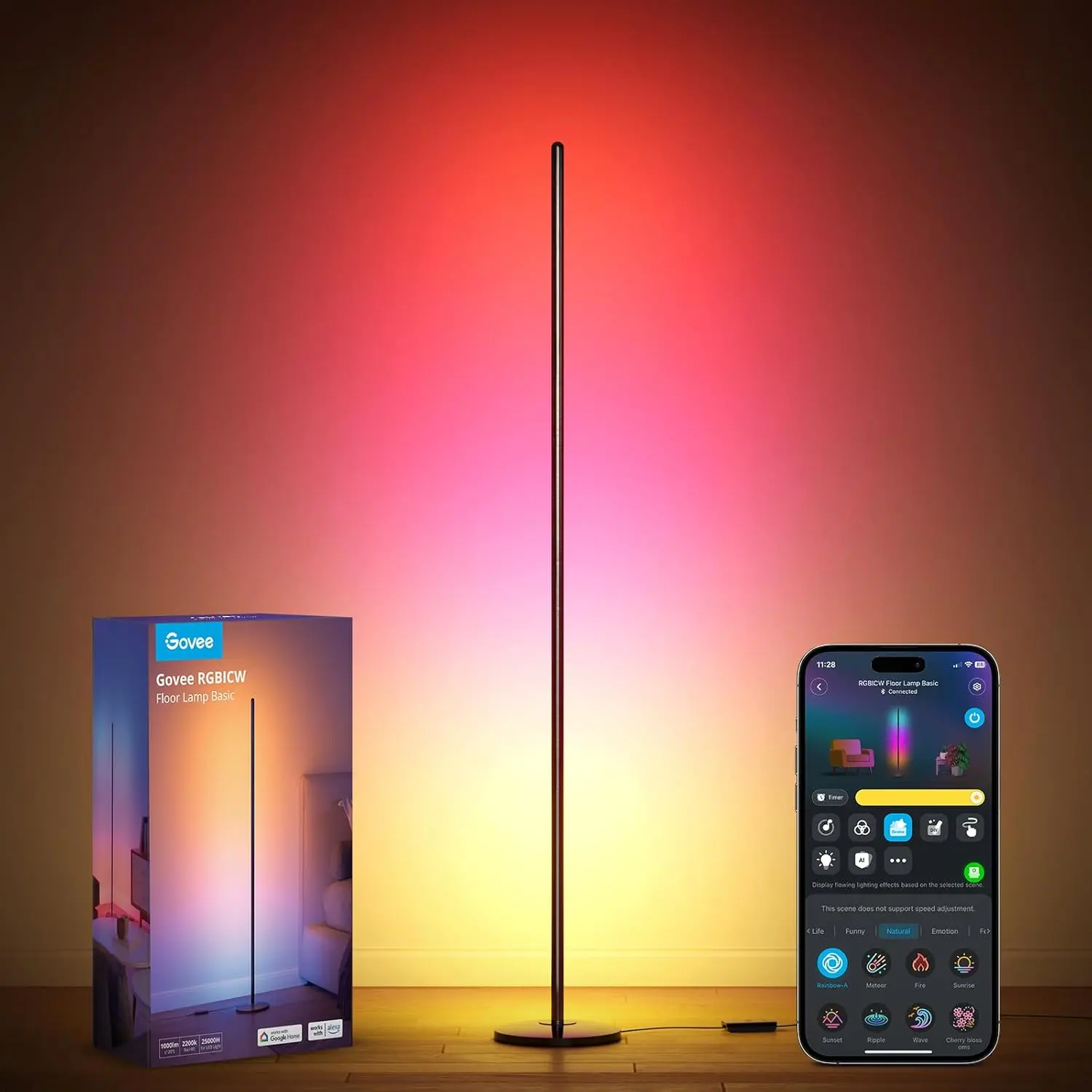 Govee RGBIC Floor Lamp Basic, LED Corner Lamp Works with Alexa, 1000 Lumen Smart Modern Floor Lamp with Music Sync and 16 Million DIY Colors, Color Changing Standing Lamp for Bedroom Living Room Black image