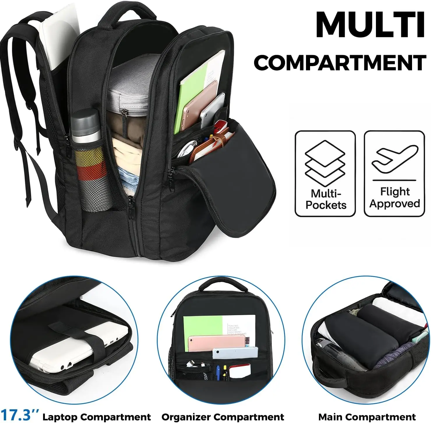 MATEIN Carry on Backpack, Flight Approved Travel Backpack with USB Port, TSA Personal Item Travel Bag fits 17" Laptop, Large Water Resistant Luggage Overnight Weekender Bag for Men & Women, Black image 3