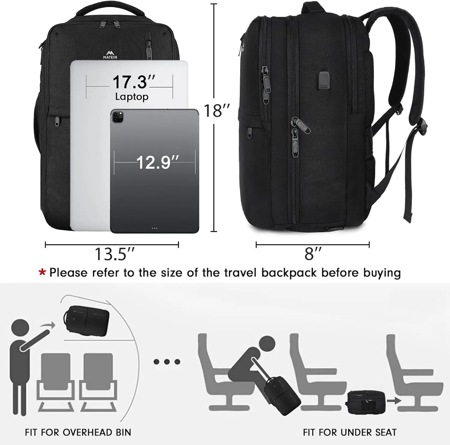 MATEIN Carry on Backpack, Flight Approved Travel Backpack with USB Port, TSA Personal Item Travel Bag fits 17" Laptop, Large Water Resistant Luggage Overnight Weekender Bag for Men & Women, Black image 7