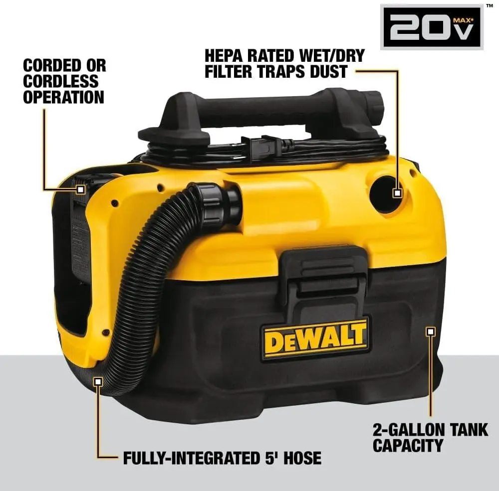 DEWALT Shop Vacuum Wet and Dry, Cordless and Corded Wet Dry Vacuum Cleaner Shop Vac 20V MAX, Portable Shopvac, Tool Only (DCV581H) image 3