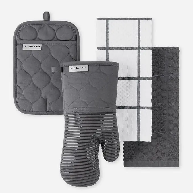 KITCHENAID Quilted Cotton Terry Cloth Oven Mitt, Pot Holder, Kitchen Towel 4-Pack Set, Heat Resistant, Silicone Grip, Gift Set, Charcoal Grey, 16"x26", 7"x13" & 7"x10" image 1
