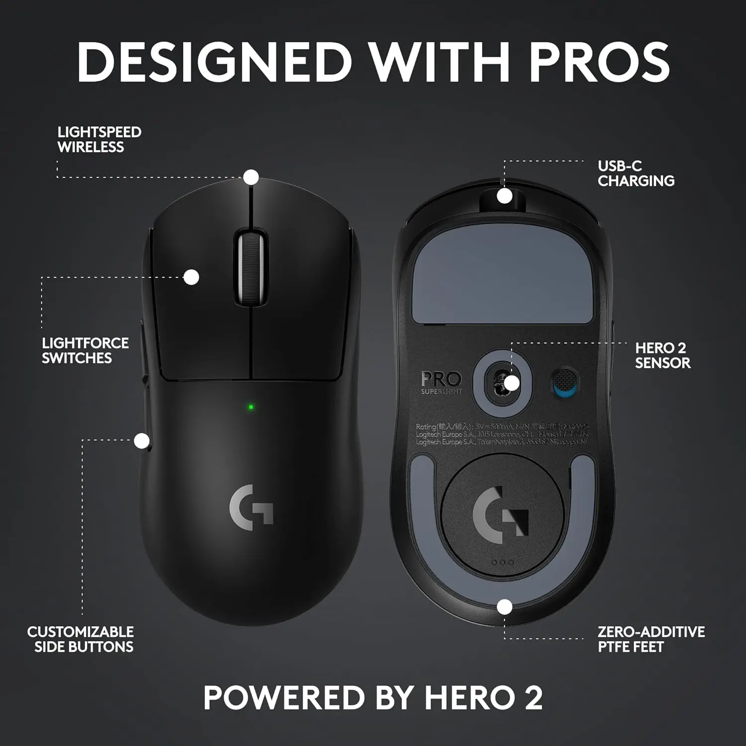 Logitech G PRO X SUPERLIGHT 2 Wireless Gaming Mouse, 60g Pro-Grade with 5 Programmable Buttons, 44k DPI Sensor, 8kHz Report Rate, USB-C Charging for PC/Mac - Black image 10