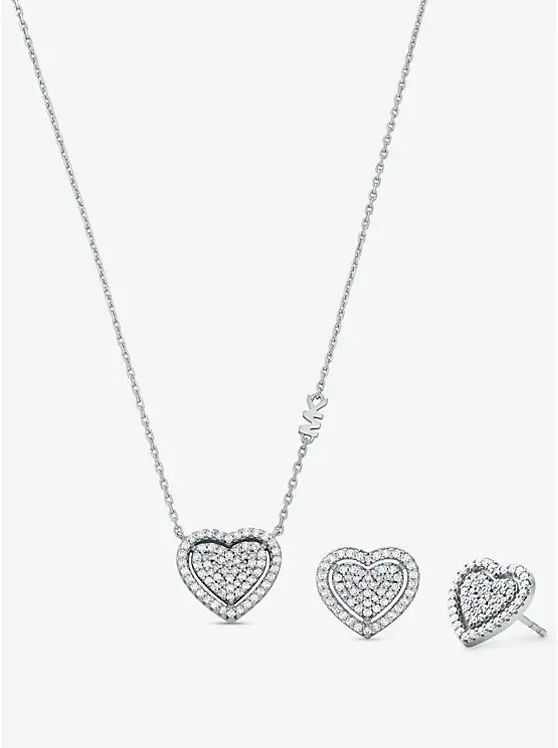 Precious Metal-Plated Sterling Silver Pavé Heart Necklace and Earrings Gift Set image 1