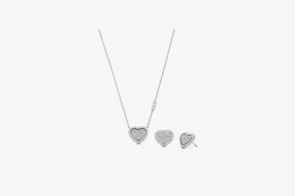 Precious Metal-Plated Sterling Silver Pavé Heart Necklace and Earrings Gift Set image