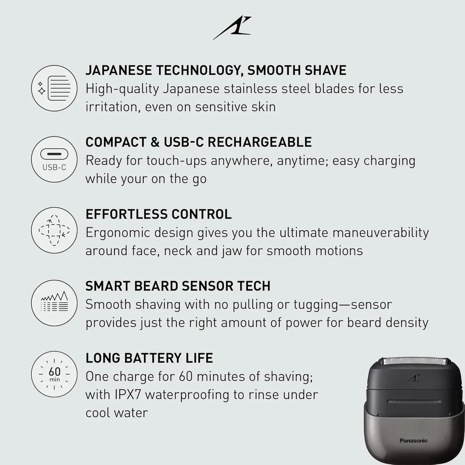 Panasonic Swipe Right Travel Shaver for Men, Portable Electric Razor with USB-C Charging, 3-Blade Cutting System and Beard Sensor Technology, Wet/Dry Use - ES-CM3A-K image 2