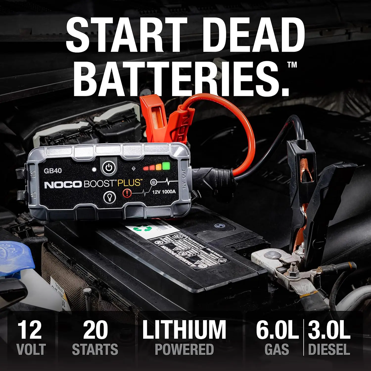 NOCO Boost GB40: 1000A UltraSafe Jump Starter – 12V Lithium Battery Booster Pack, Portable Jump Box, Power Bank & Jumper Cables - for 6.0L Gas and 3.0L Diesel Engines image 2