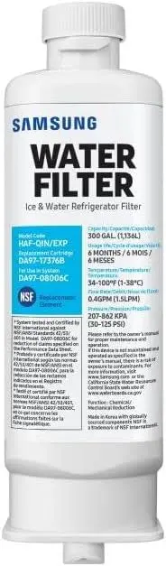 SAMSUNG Genuine Filter for Refrigerator Water and Ice, Carbon Block Filtration, Reduces 99% of Harmful Contaminants for Clean, Clear Drinking Water, 6-Month Life, HAF-QIN/EXP, 1 Pack image 1